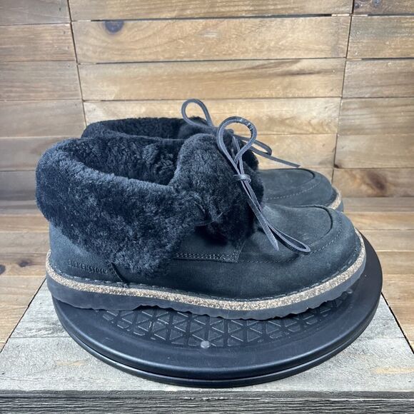 Birkenstock Womens Size 6 Bakki Black Suede Chukka Comfort Fur Lace Up Shoes - Picture 1 of 10